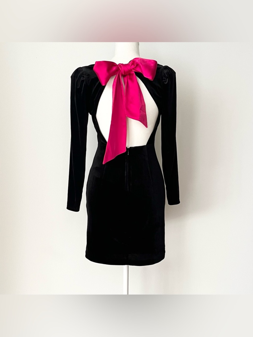 Express Little Black Velour Mini Dress LBD XS Low Back Pink Bow Bodycon Sexy